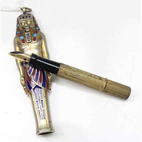 1633 - A rare early 20th century gold plated and enamel dip pen formed as Tutankhamun