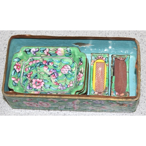 1819 - vintage Chinese enamel on copper box containing match box holders and small trays all in the same pa... 