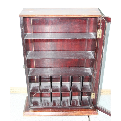 285 - An unusual glazed wooden table top display case with opening back and front with various compartment... 