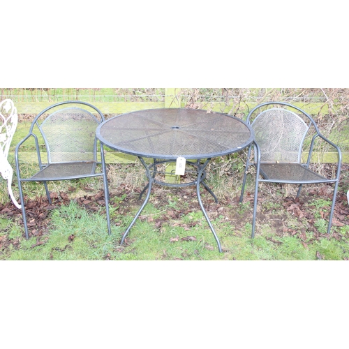 331 - Garden table & 2 chairs, approx diameter 100cm