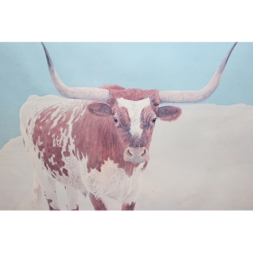 382 - Charles Beckendorf (American XX), print of a longhorn cow, framed and glazed