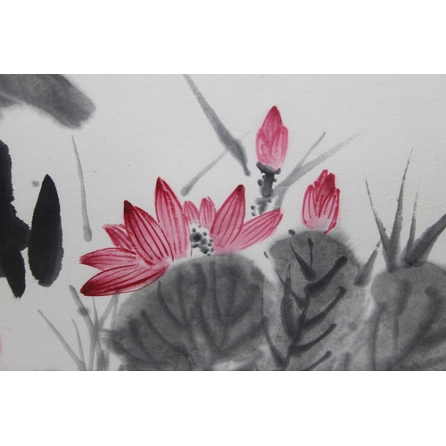 385 - A vintage Japanese watercolour on paper depicting water lilies, signed tope right with fabric mounti... 