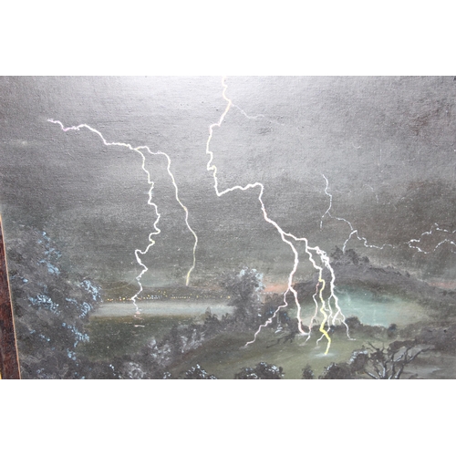 386 - 2 retro style oil paintings, stream and lightning