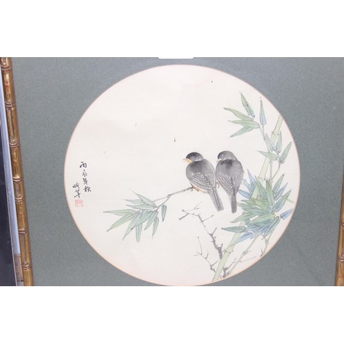 395 - An Oriental painting in silk of 2 birds, signed and a Japanese calligraphy dated 2002 New York USA (... 