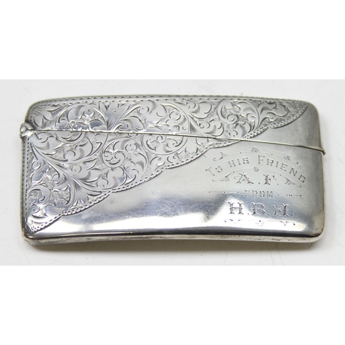 1007 - An antique silver card case of slightly curved form with engraved decoration, Birmingham 1904 by Jon... 