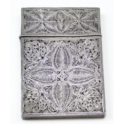 1009 - An antique silver filigree card case, likely late 19th century, bearing indistinct marks but XRF tes... 