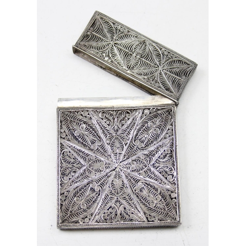 1009 - An antique silver filigree card case, likely late 19th century, bearing indistinct marks but XRF tes... 