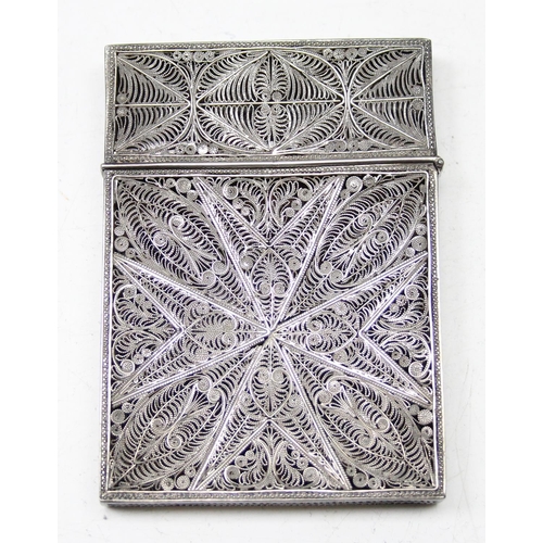 1009 - An antique silver filigree card case, likely late 19th century, bearing indistinct marks but XRF tes... 