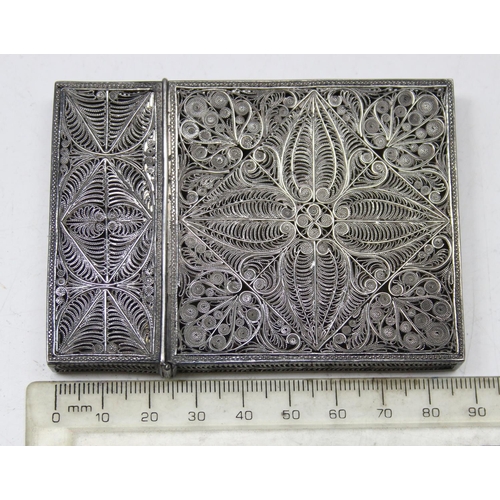 1009 - An antique silver filigree card case, likely late 19th century, bearing indistinct marks but XRF tes... 