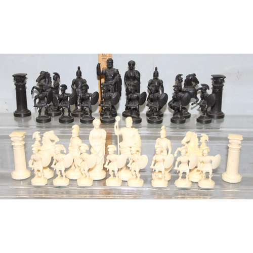 1562 - Cased resin chess set in the Roman style & a vintage leather playing card box