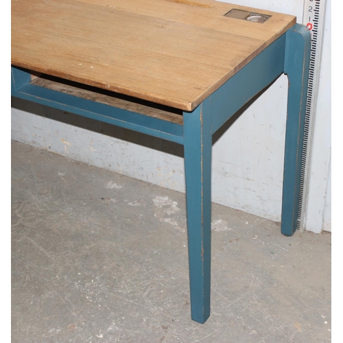 115 - A vintage wooden double school desk with painted base, approx 102cm wide