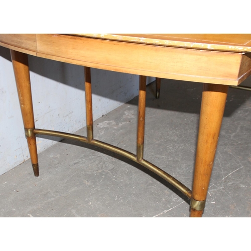 103 - Art Deco style cherry wood extending table with burr veneer centre section and brass leg supports, p... 