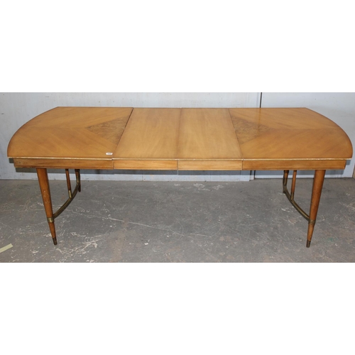 103 - Art Deco style cherry wood extending table with burr veneer centre section and brass leg supports, p... 