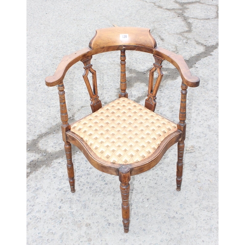 120 - Antique mahogany corner chair with upholstered woollen seat