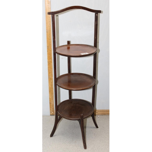 125 - Small wooden 3-tier cake stand bearing label to ND & Son Furniture Movers and Restorers of Leamingto... 