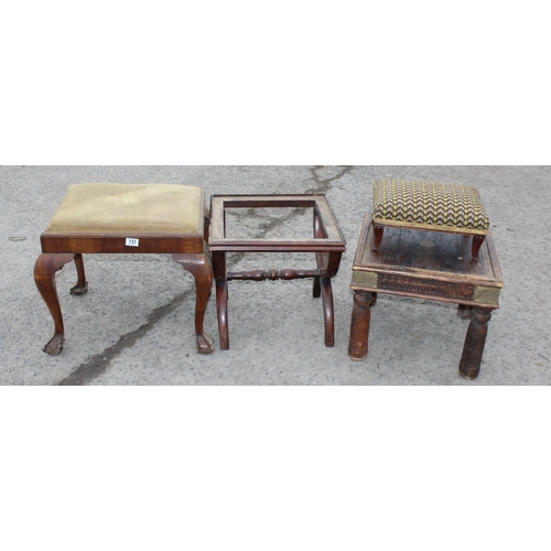 131 - Antique piano stool with ball & claw feet, X frame stool without top, hard wood coffee table & a uph... 