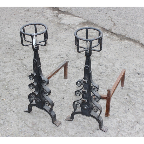 136 - Extremely large blacksmith forged fire dogs with basket finials, stand approx 80cm high