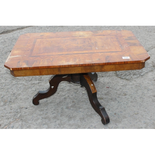 137 - Antique marquetry inlaid low table possibly Italian Sorento, approx width 80cm