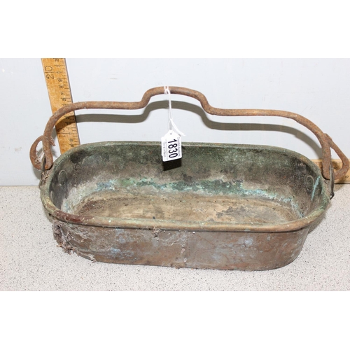 1830 - 2 vintage copper pans with lids, copper fish kettle & cast iron frying pan