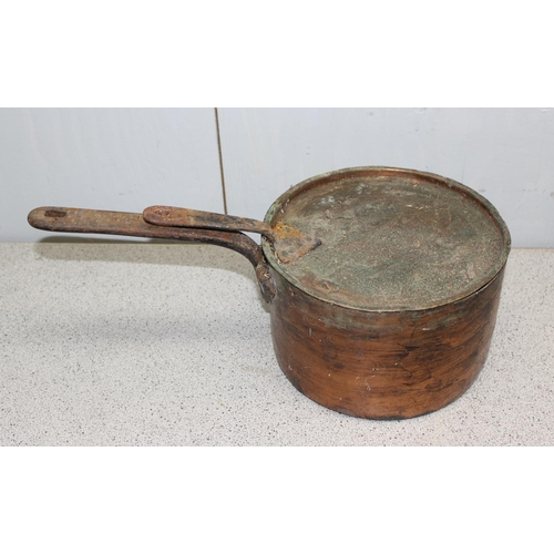 1830 - 2 vintage copper pans with lids, copper fish kettle & cast iron frying pan