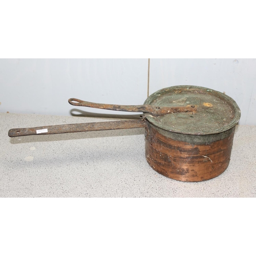 1830 - 2 vintage copper pans with lids, copper fish kettle & cast iron frying pan