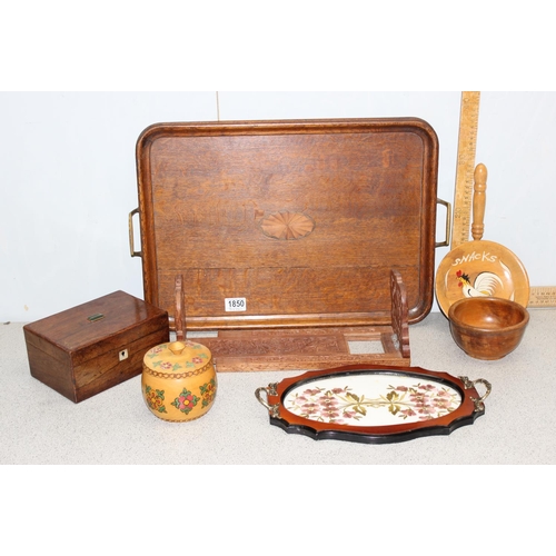 1850 - Assorted wooden items to include Edwardian Sheraton inlaid tray, handcarved bookslide etc