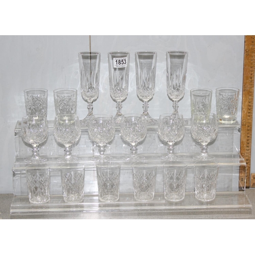 1853 - Qty of cut glass to include set of 4 champagne flutes, 6 brandy glasses, 6 tumblers and 4 other smal... 