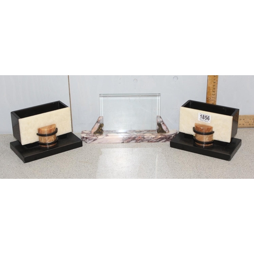 1856 - Pair of continental marble art deco bookends & glass & marble based photo frame