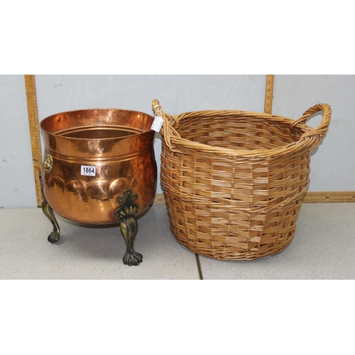 1864 - Copper & brass coal bucket with lion paw feet & and a wicker basket