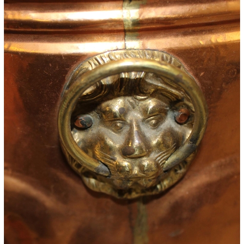 1864 - Copper & brass coal bucket with lion paw feet & and a wicker basket