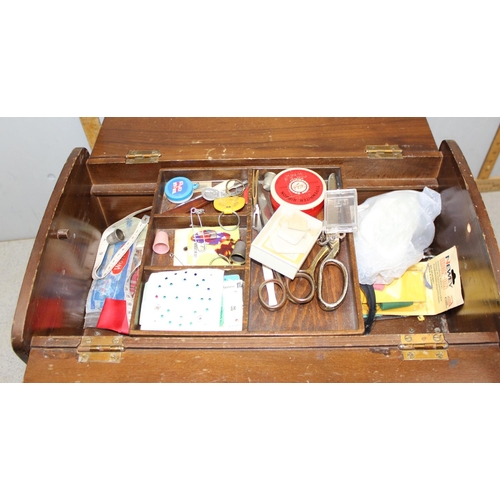 289 - Retro wooden sewing box with contents