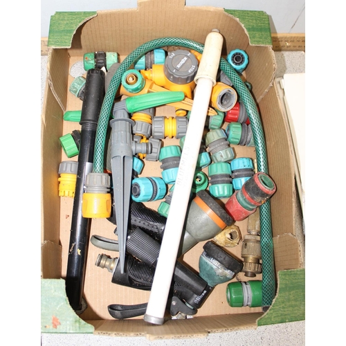 322 - Box of garden hand tools, hose connectors & reel