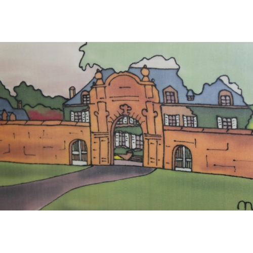 445 - Retro screen print on fabric of a stately home signed MPB