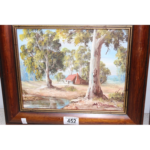 452 - Pair of oil on board paintings both showing farm homesteads, both signed lower right H Burns