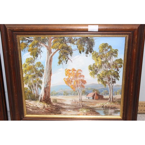 452 - Pair of oil on board paintings both showing farm homesteads, both signed lower right H Burns