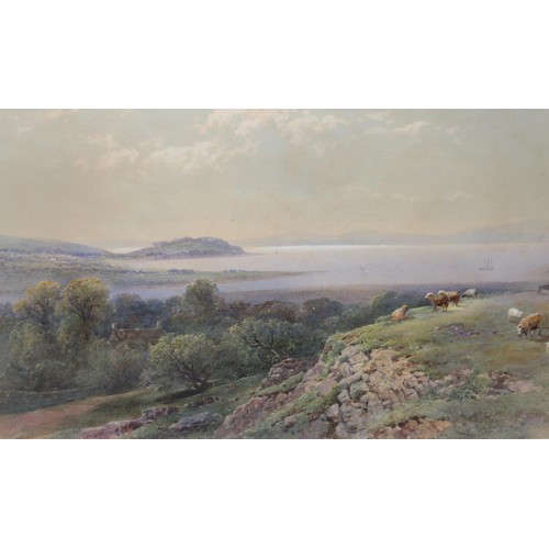 416 - W.A. Frank (British XIX) watercolour of sheep on a hill grazing by a lake, signed lower middle, in s... 