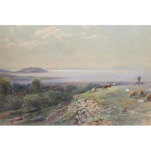 416 - W.A. Frank (British XIX) watercolour of sheep on a hill grazing by a lake, signed lower middle, in s... 