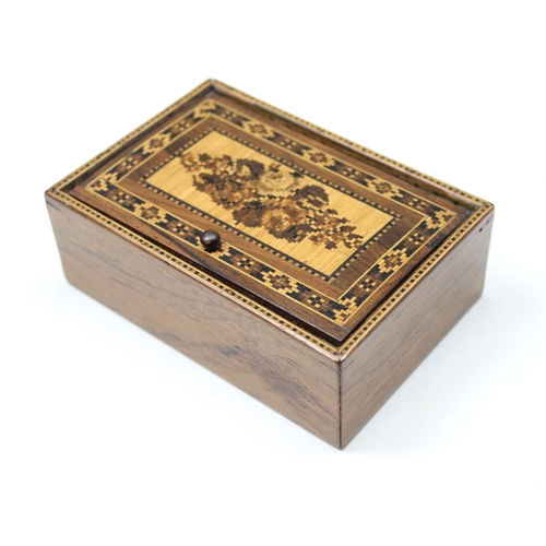 1676 - A Victorian Tunbridgeware box with papered interior, inlaid top with floral motif, approx 11cm x 7cm... 