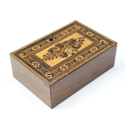 1676 - A Victorian Tunbridgeware box with papered interior, inlaid top with floral motif, approx 11cm x 7cm... 