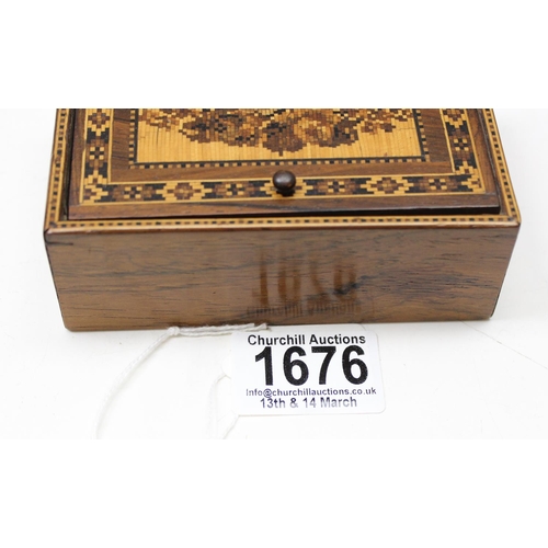 1676 - A Victorian Tunbridgeware box with papered interior, inlaid top with floral motif, approx 11cm x 7cm... 