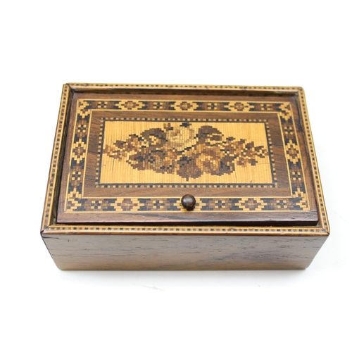 1676 - A Victorian Tunbridgeware box with papered interior, inlaid top with floral motif, approx 11cm x 7cm... 