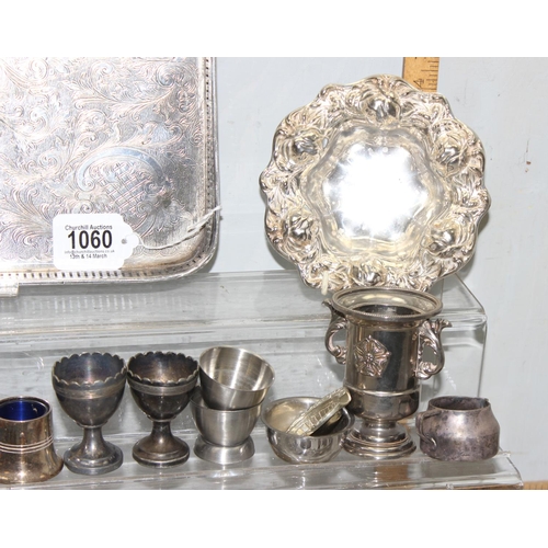 1060 - Silver plated tray containing various silver plated and other smalls, approx 4kg gross