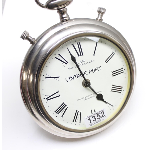 1352 - An oversize vintage style pocket watch designed wall clock by Spencer & Marilyn of London