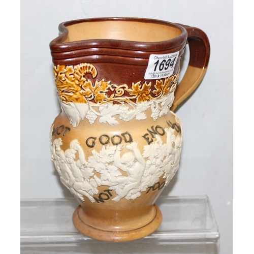 1694 - Doulton Lambeth stoneware motto jug with bacchanalian design “Good Is Not Good Enough… The Best Is N... 