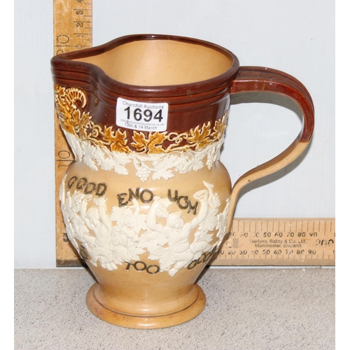 1694 - Doulton Lambeth stoneware motto jug with bacchanalian design “Good Is Not Good Enough… The Best Is N... 