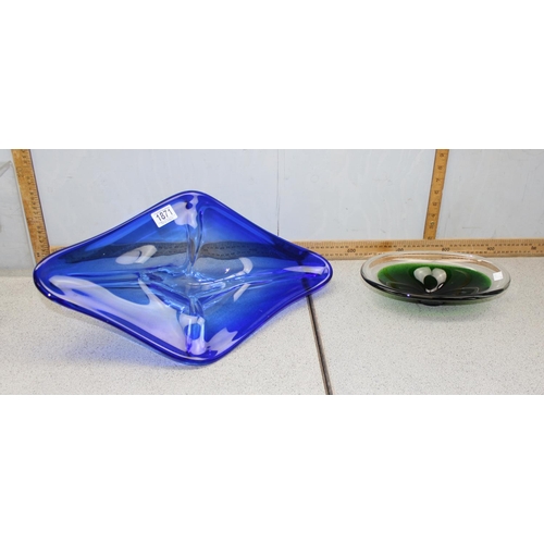 1871 - 2 pieces of heavy coloured art glass in the Murano style, blue centre piece measures approx 50cm