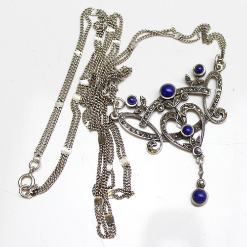 1163 - A vintage Belle Epoch style silver marcasite and blue stone necklace, marked 925 and XRF confirmed a... 