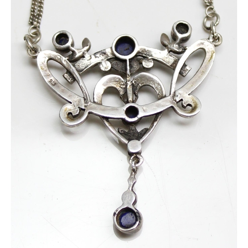 1163 - A vintage Belle Epoch style silver marcasite and blue stone necklace, marked 925 and XRF confirmed a... 