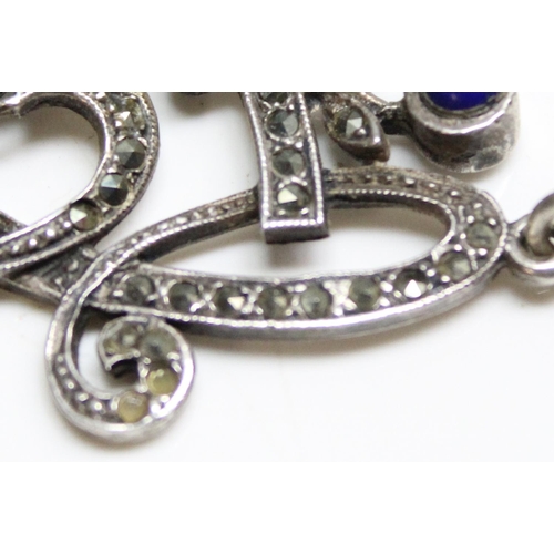 1163 - A vintage Belle Epoch style silver marcasite and blue stone necklace, marked 925 and XRF confirmed a... 