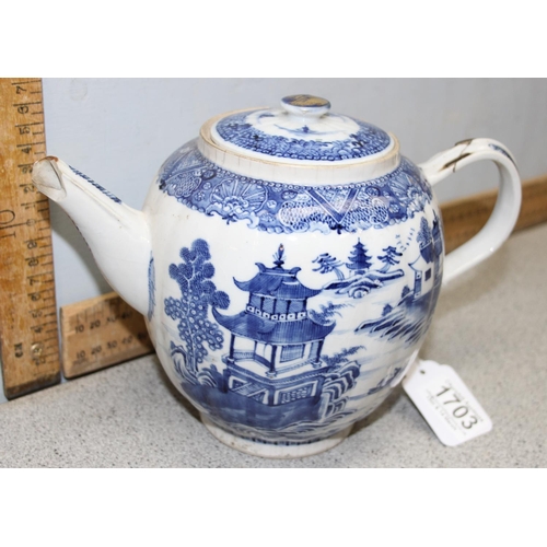 1703 - A large size Chinese blue & white porcelain teapot, approx 16cm tall, likely late 18th or early 19th... 